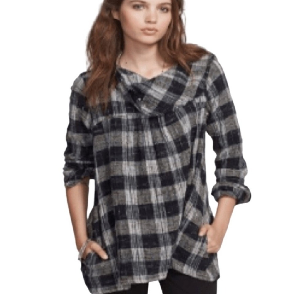Free People Plaid Cowl Neck Tunic Top‎ Fringe Raw Hem Distressed Size Small